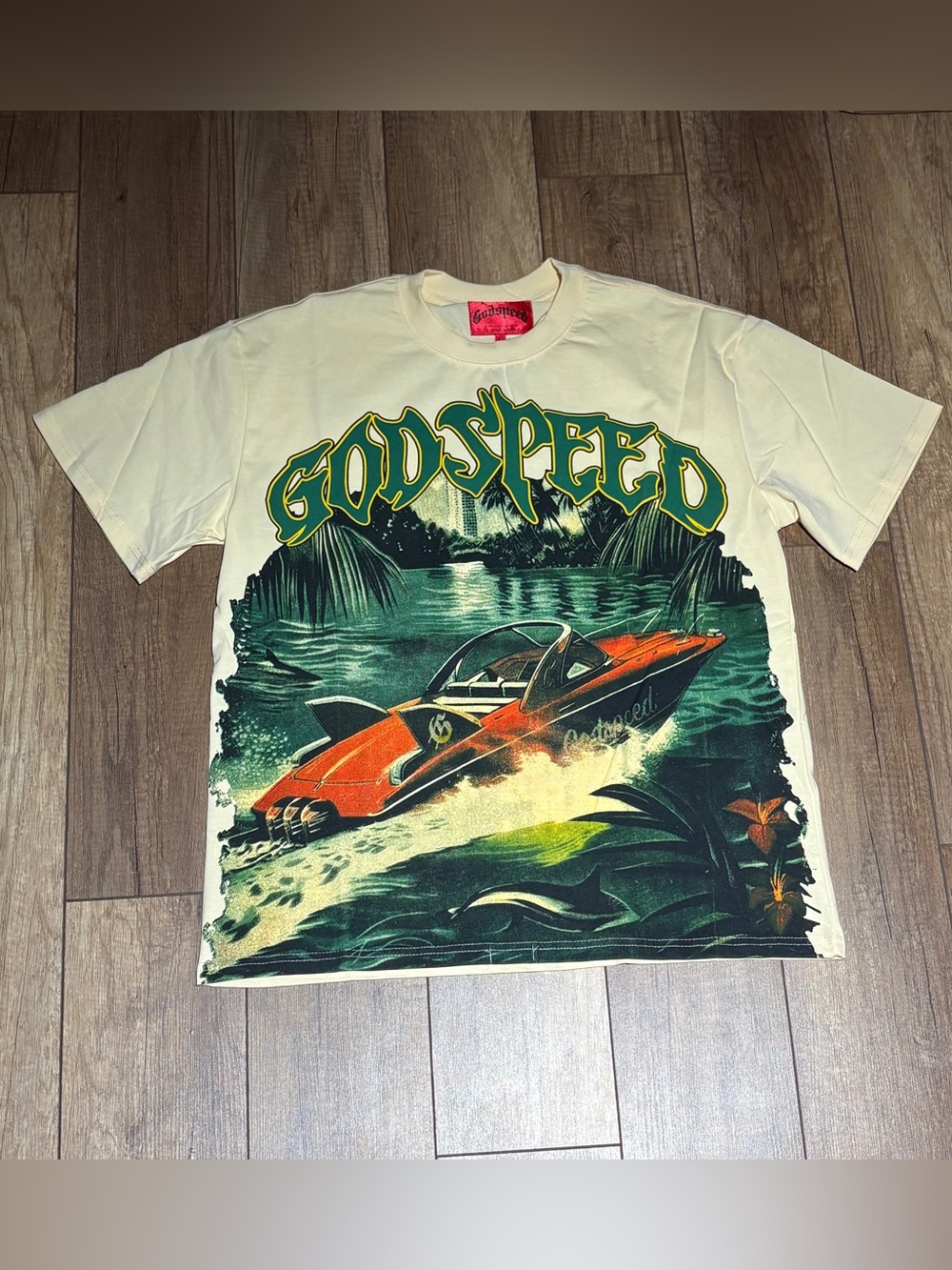 Godspeed Boat Tee Shirt Green and Yellow Logo Mens Medium Graphic Tee